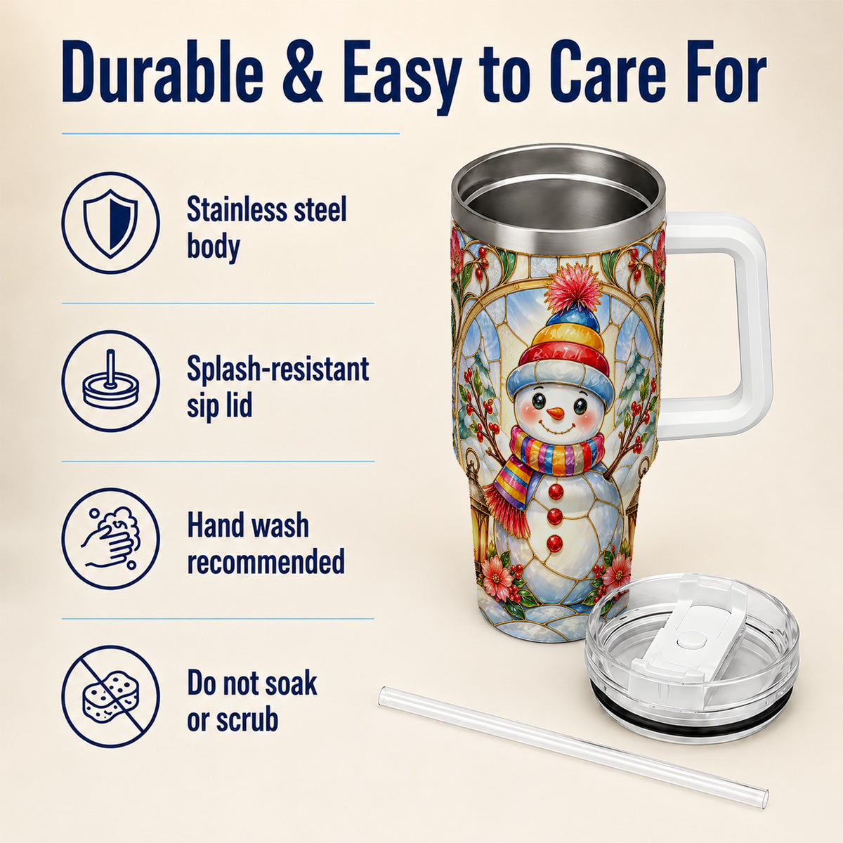 #pl[40oz|White] Stained Glass Snowman 40oz Tumbler with Handle, Winter Steel Travel Cup