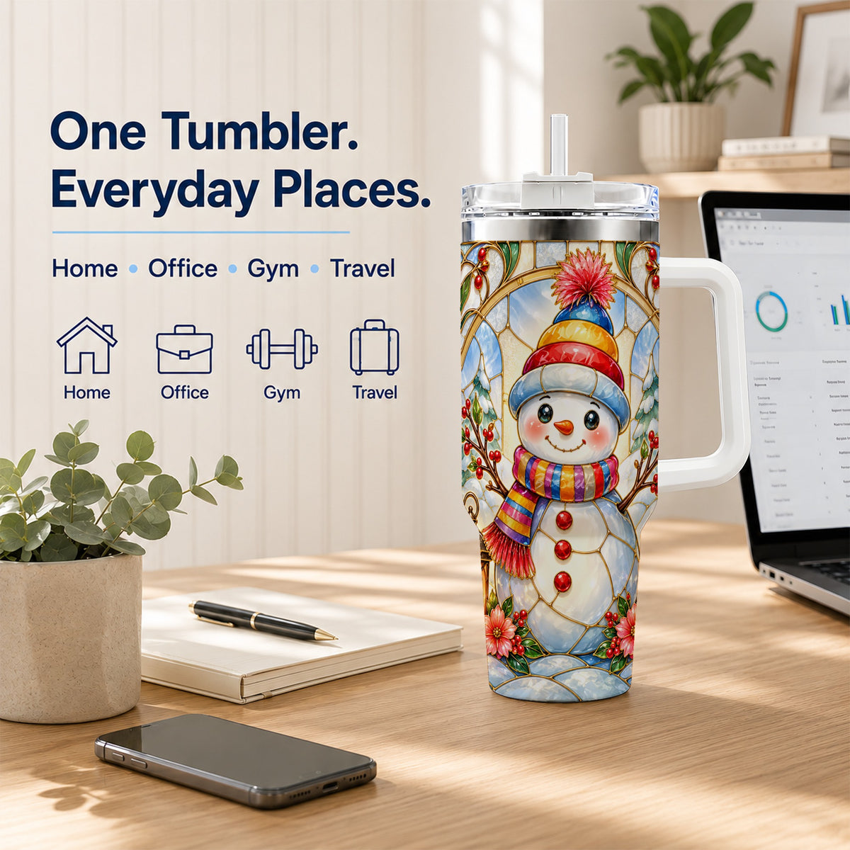 #pl[40oz|White] Stained Glass Snowman 40oz Tumbler with Handle, Winter Steel Travel Cup