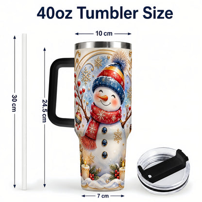 #pl[40oz|Black] Candlelit Snowman 40oz Tumbler with Handle, Stainless Steel Travel Cup