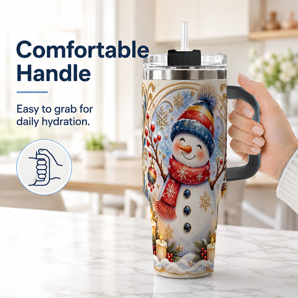 #pl[40oz|Black] Candlelit Snowman 40oz Tumbler with Handle, Stainless Steel Travel Cup