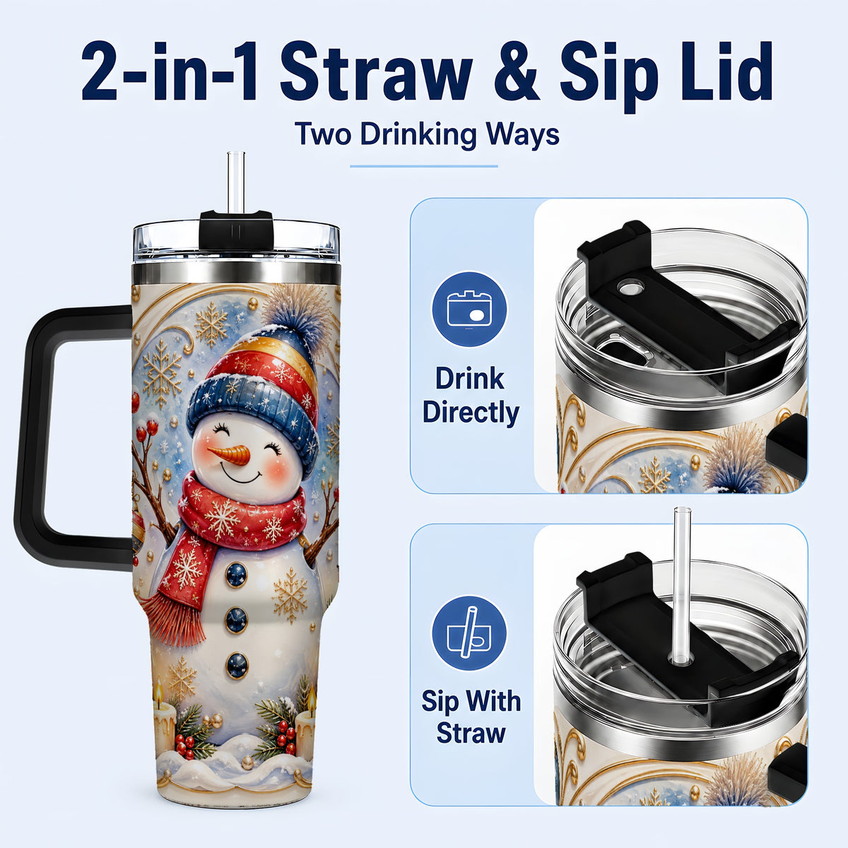 #pl[40oz|Black] Candlelit Snowman 40oz Tumbler with Handle, Stainless Steel Travel Cup