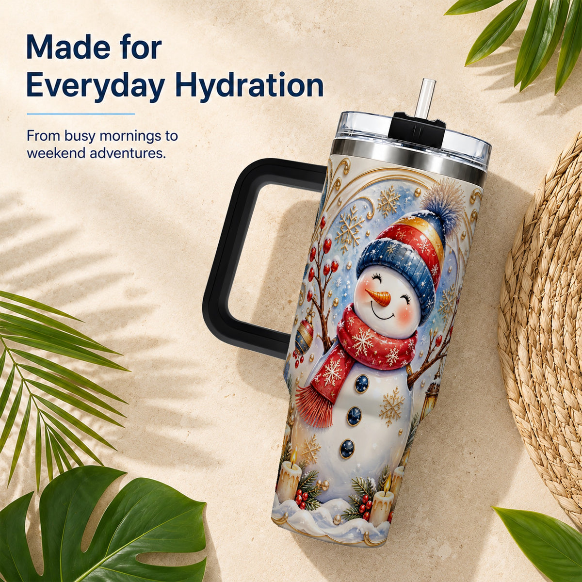 #pl[40oz|Black] Candlelit Snowman 40oz Tumbler with Handle, Stainless Steel Travel Cup