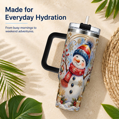 #pl[40oz|Black] Candlelit Snowman 40oz Tumbler with Handle, Stainless Steel Travel Cup