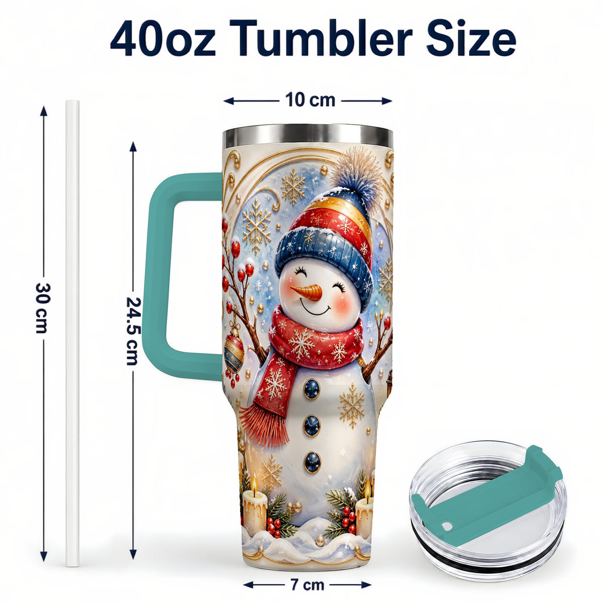 #pl[40oz|Green] Candlelit Snowman 40oz Tumbler with Handle, Stainless Steel Travel Cup
