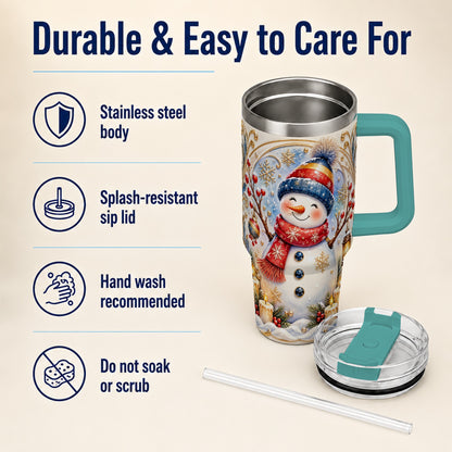 #pl[40oz|Green] Candlelit Snowman 40oz Tumbler with Handle, Stainless Steel Travel Cup