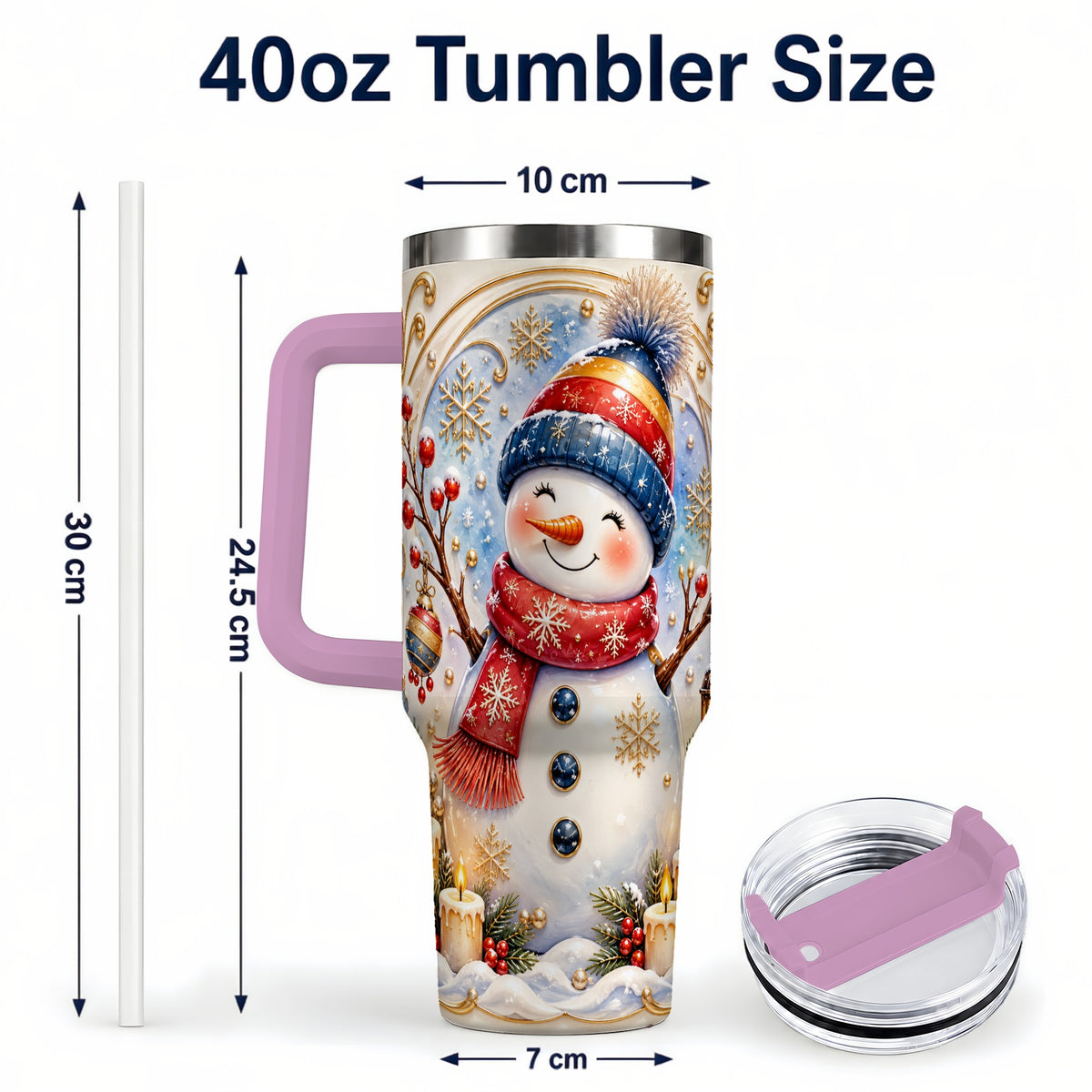 #pl[40oz|Pink] Candlelit Snowman 40oz Tumbler with Handle, Stainless Steel Travel Cup