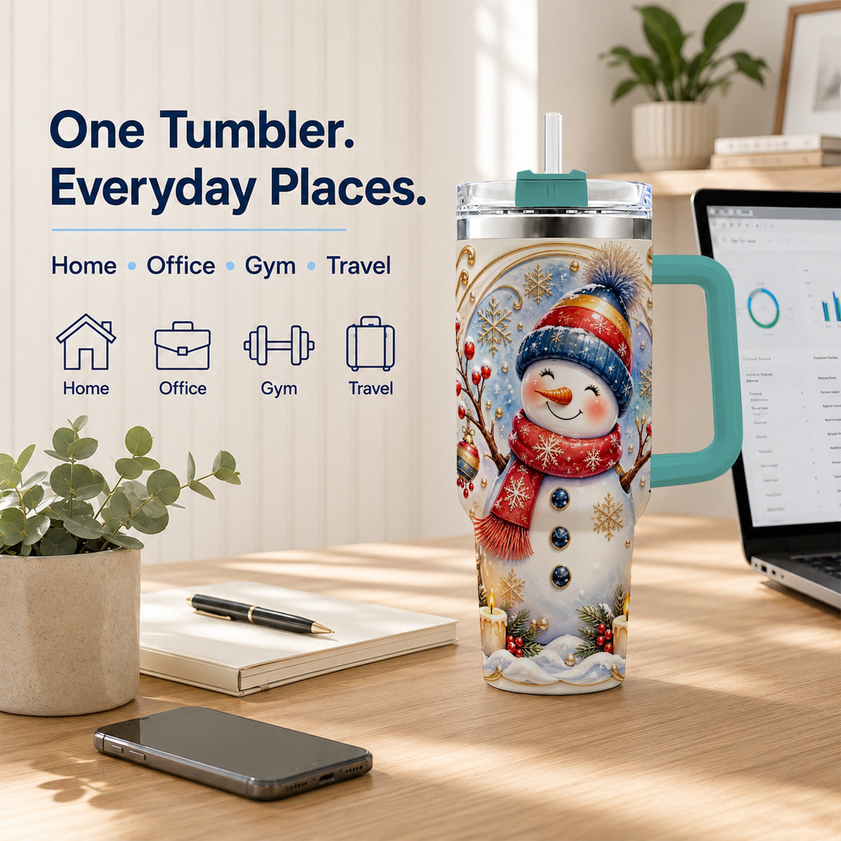 #pl[40oz|Green] Candlelit Snowman 40oz Tumbler with Handle, Stainless Steel Travel Cup