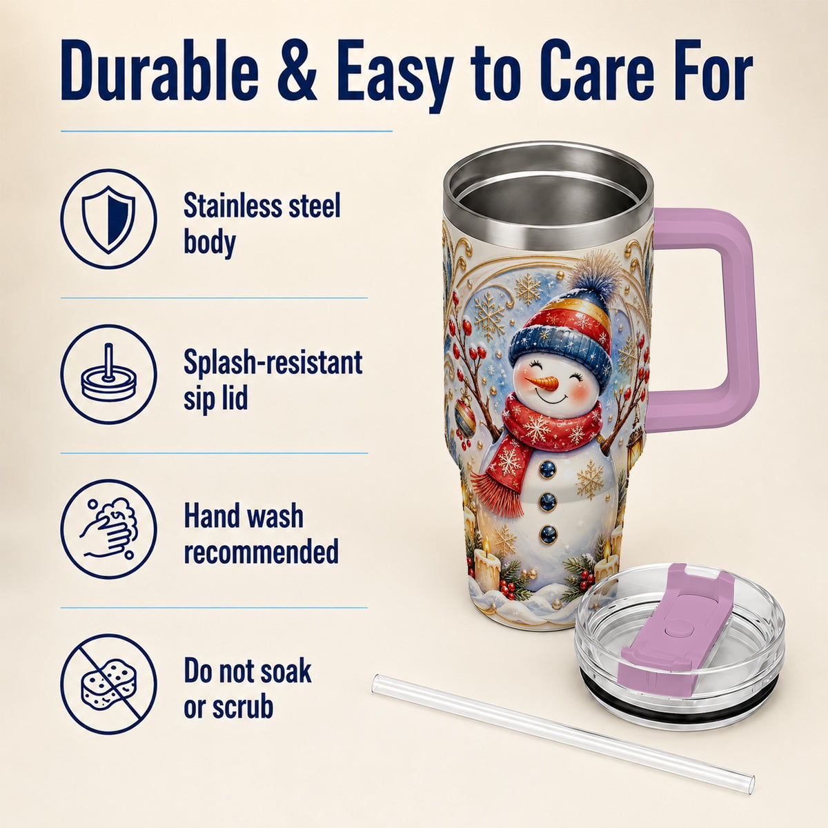 #pl[40oz|Pink] Candlelit Snowman 40oz Tumbler with Handle, Stainless Steel Travel Cup
