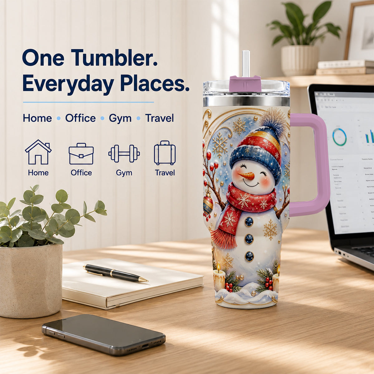 #pl[40oz|Pink] Candlelit Snowman 40oz Tumbler with Handle, Stainless Steel Travel Cup