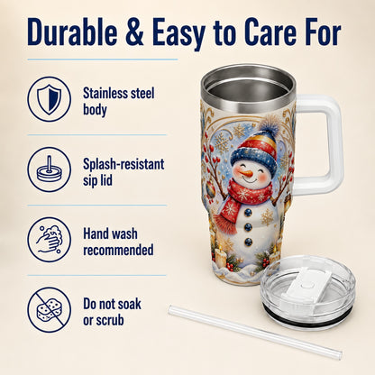 #pl[40oz|White] Candlelit Snowman 40oz Tumbler with Handle, Stainless Steel Travel Cup