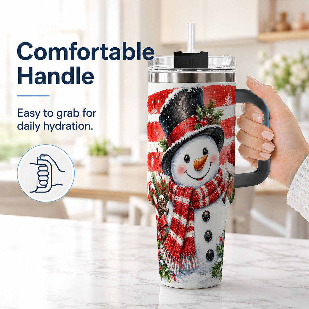 #pl[40oz|Black] Top Hat Snowman 40oz Tumbler with Handle, Stainless Steel Travel Cup