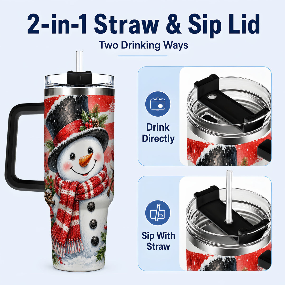 #pl[40oz|Black] Top Hat Snowman 40oz Tumbler with Handle, Stainless Steel Travel Cup