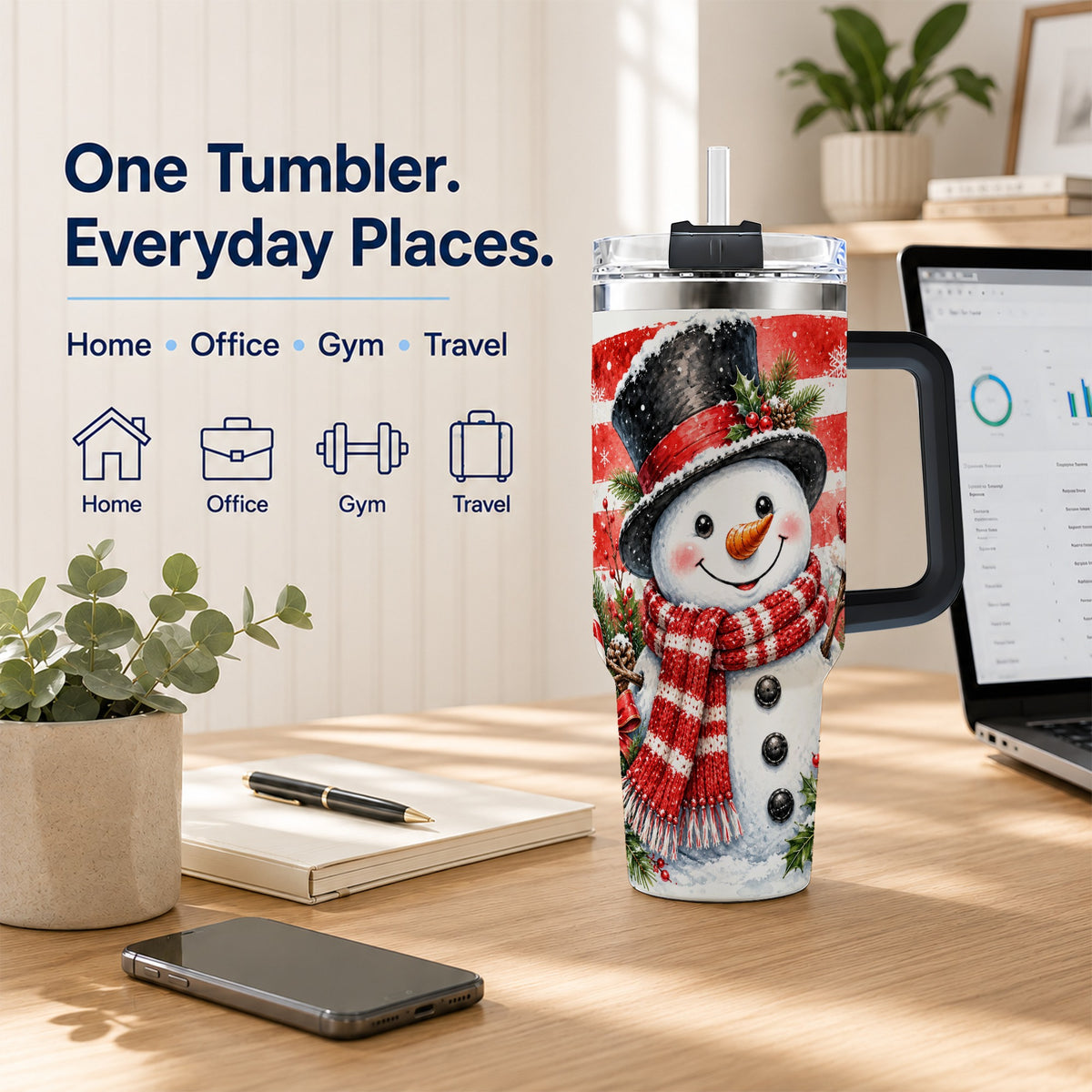 #pl[40oz|Black] Top Hat Snowman 40oz Tumbler with Handle, Stainless Steel Travel Cup