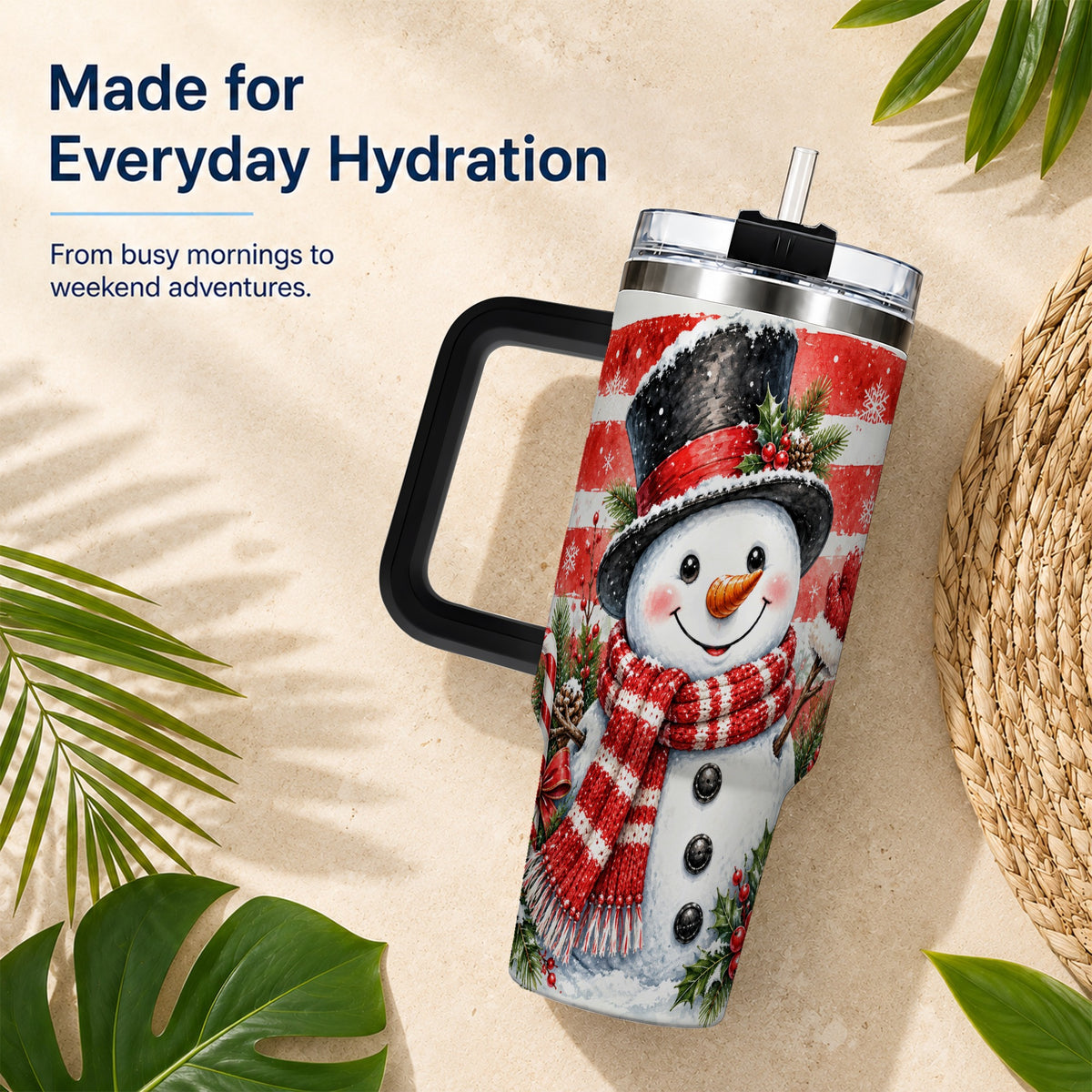 #pl[40oz|Black] Top Hat Snowman 40oz Tumbler with Handle, Stainless Steel Travel Cup