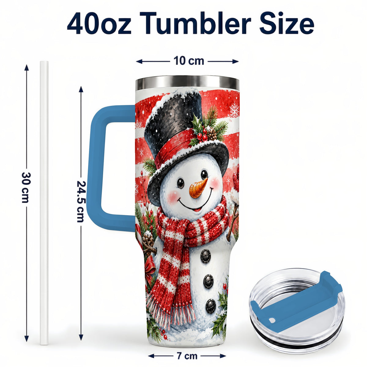 #pl[40oz|Blue] Top Hat Snowman 40oz Tumbler with Handle, Stainless Steel Travel Cup