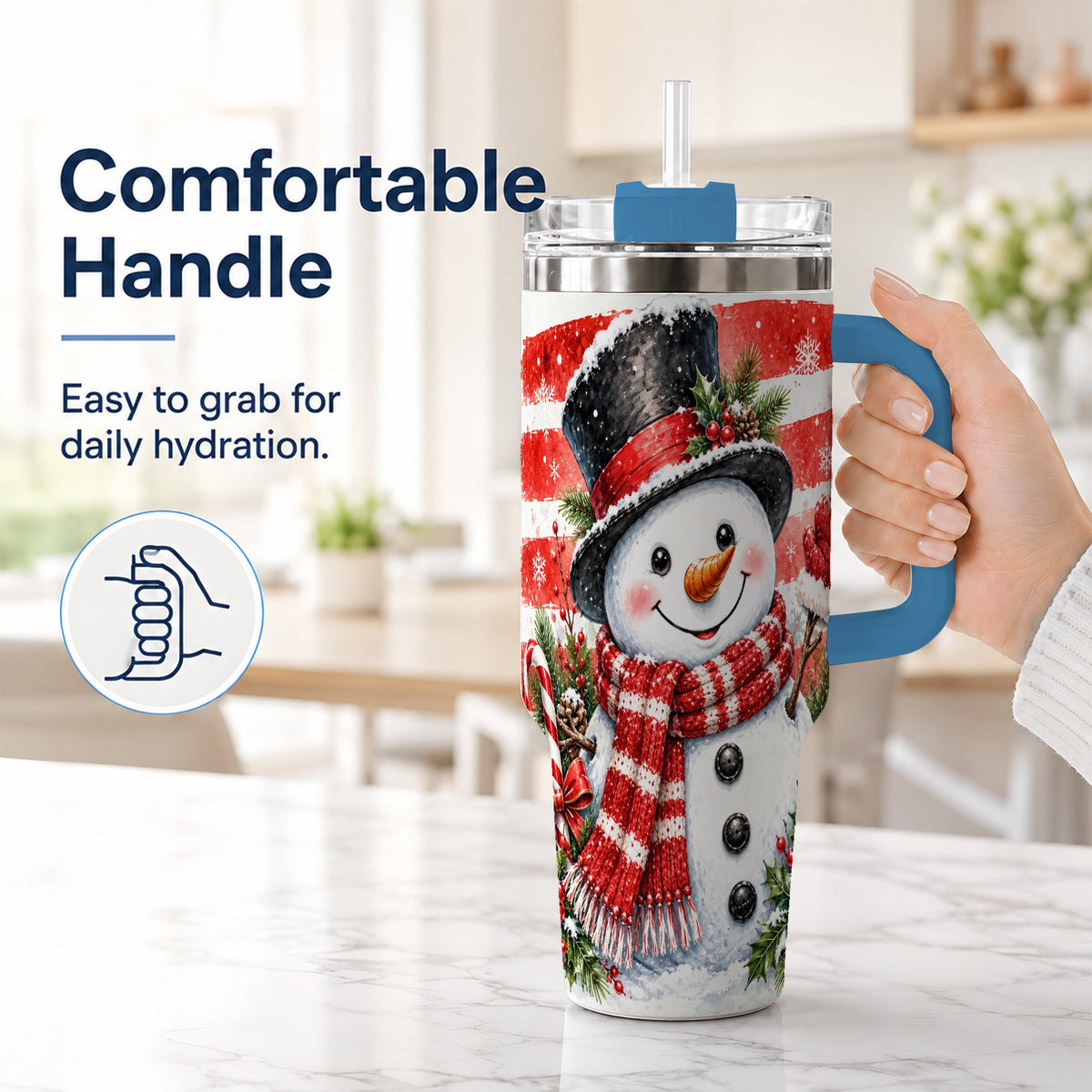 #pl[40oz|Blue] Top Hat Snowman 40oz Tumbler with Handle, Stainless Steel Travel Cup