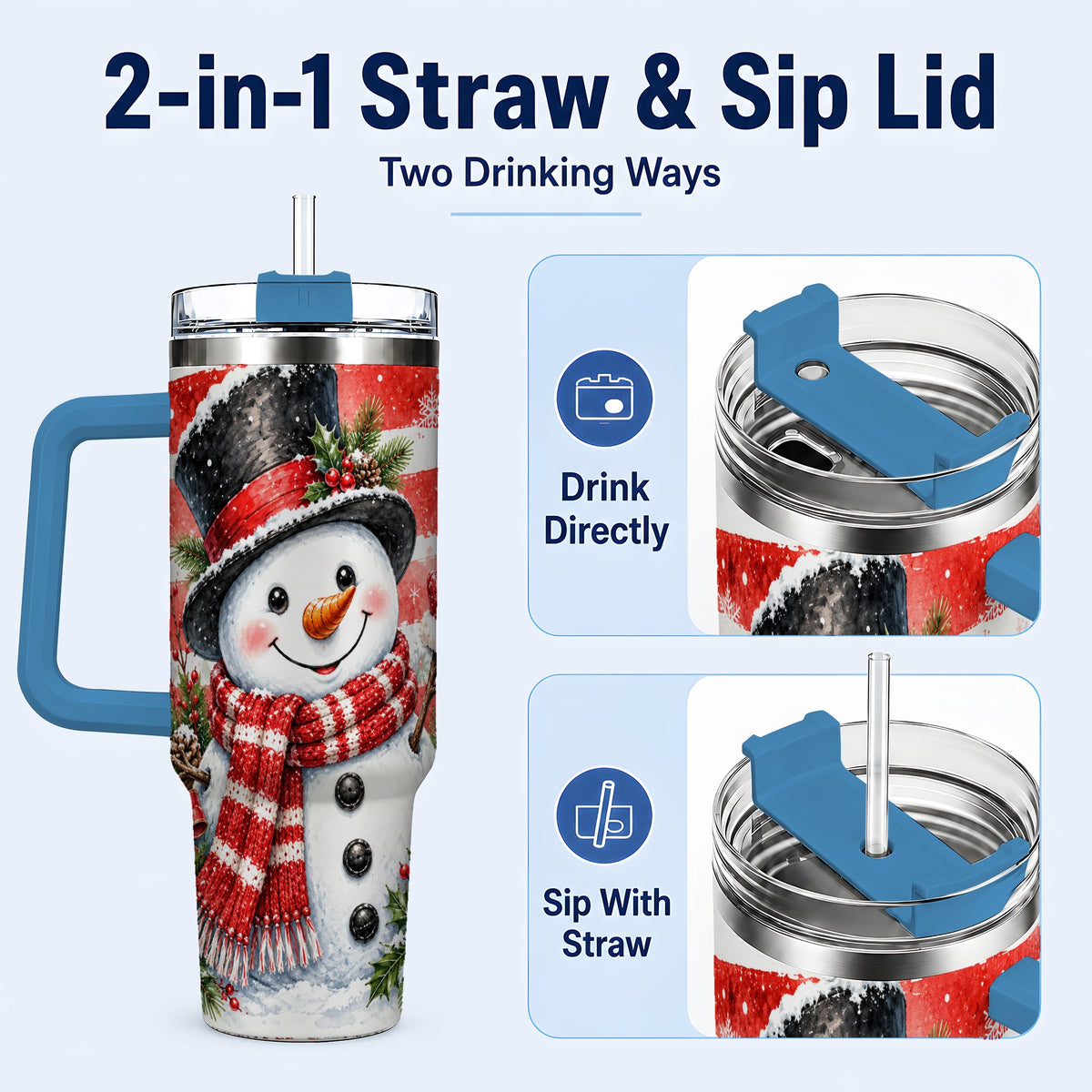 #pl[40oz|Blue] Top Hat Snowman 40oz Tumbler with Handle, Stainless Steel Travel Cup
