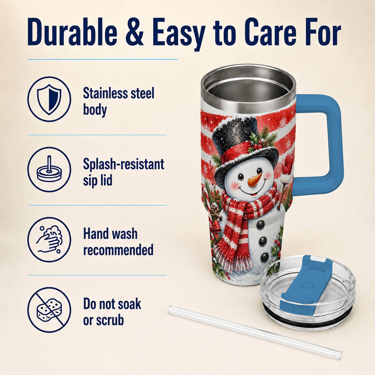 #pl[40oz|Blue] Top Hat Snowman 40oz Tumbler with Handle, Stainless Steel Travel Cup