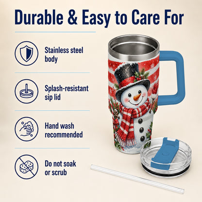 #pl[40oz|Blue] Top Hat Snowman 40oz Tumbler with Handle, Stainless Steel Travel Cup
