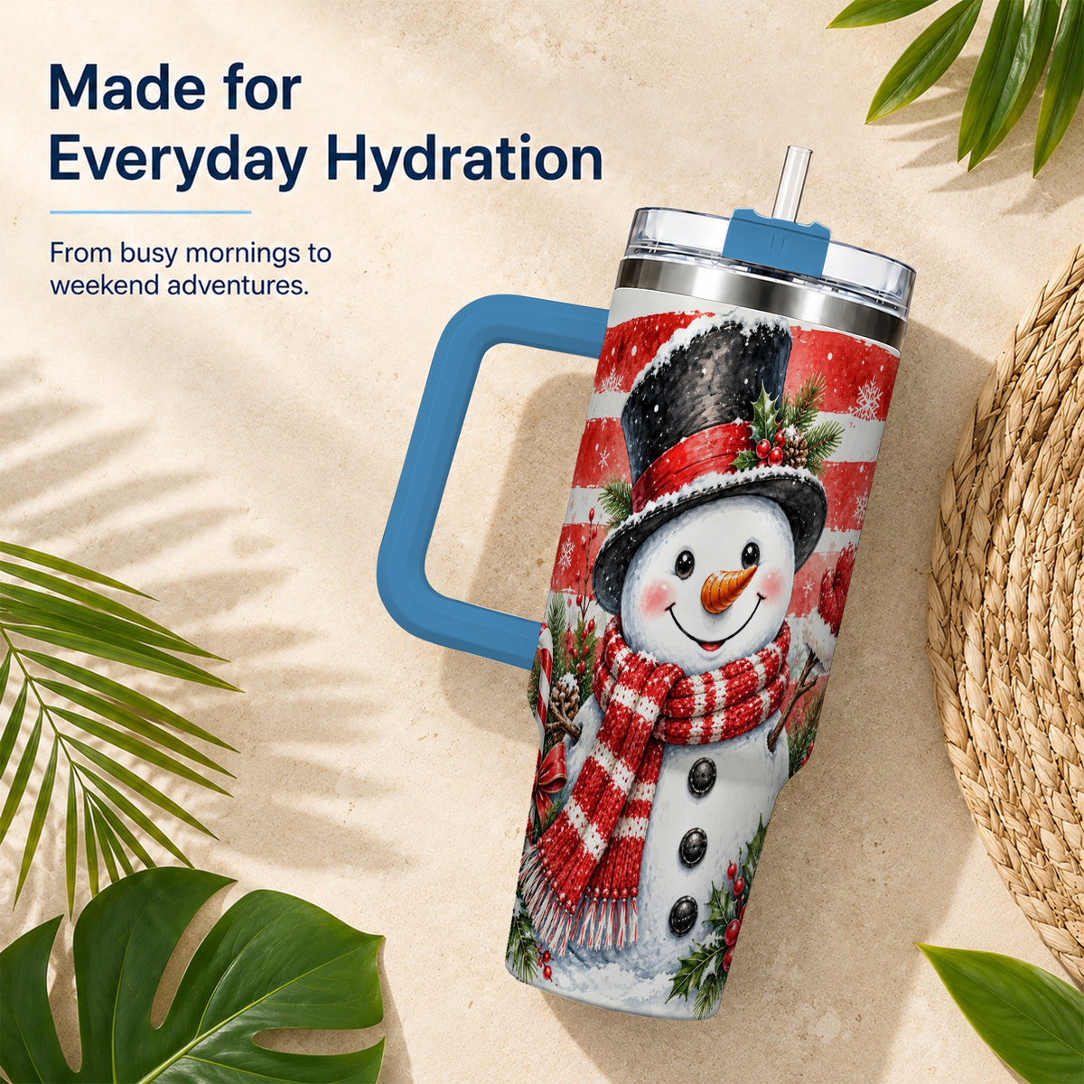 #pl[40oz|Blue] Top Hat Snowman 40oz Tumbler with Handle, Stainless Steel Travel Cup