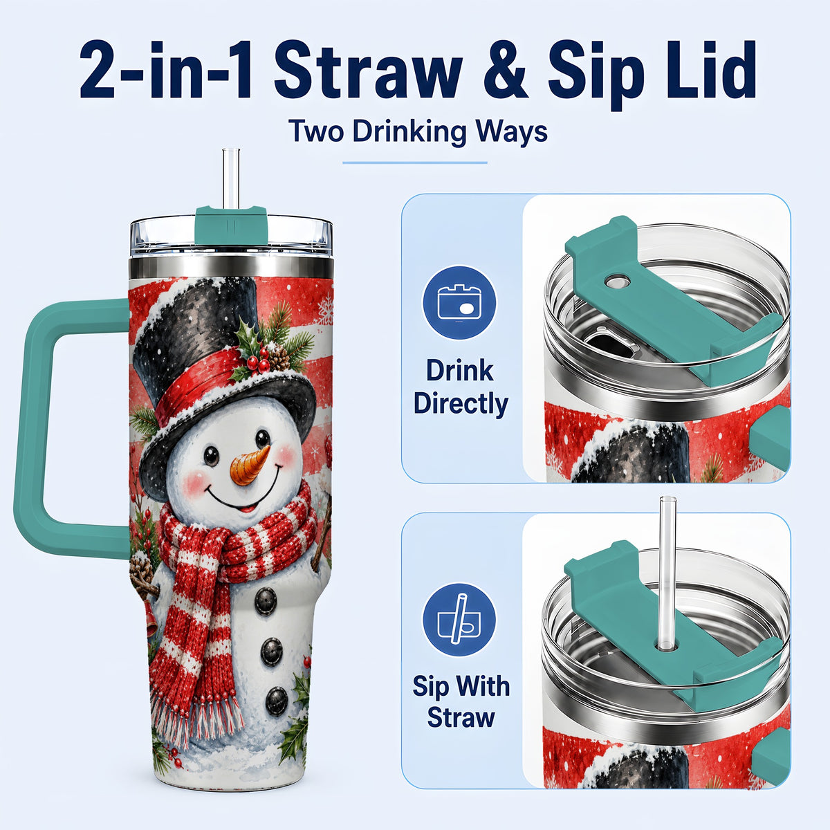 #pl[40oz|Green] Top Hat Snowman 40oz Tumbler with Handle, Stainless Steel Travel Cup