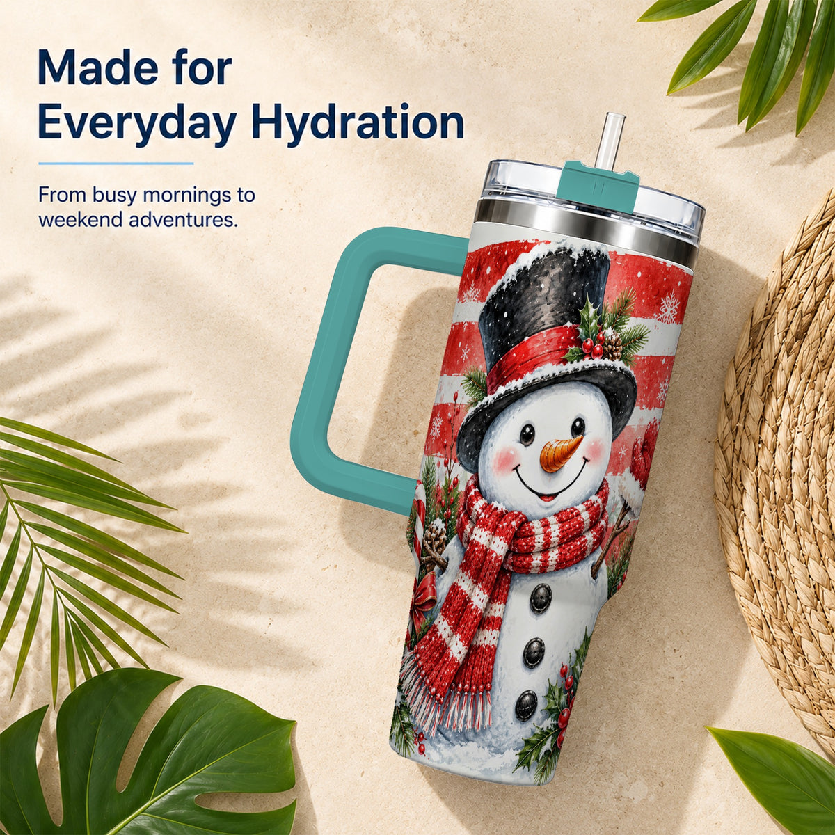 #pl[40oz|Green] Top Hat Snowman 40oz Tumbler with Handle, Stainless Steel Travel Cup