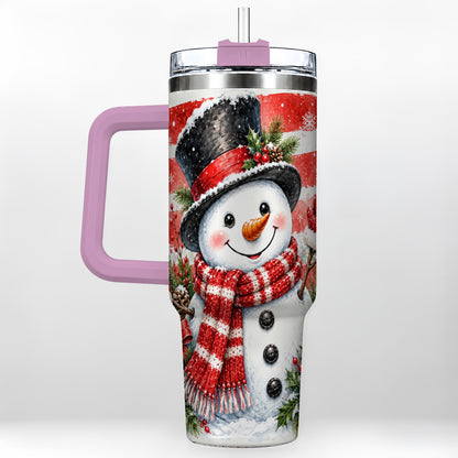 #pl[40oz|Pink] Top Hat Snowman 40oz Tumbler with Handle, Stainless Steel Travel Cup