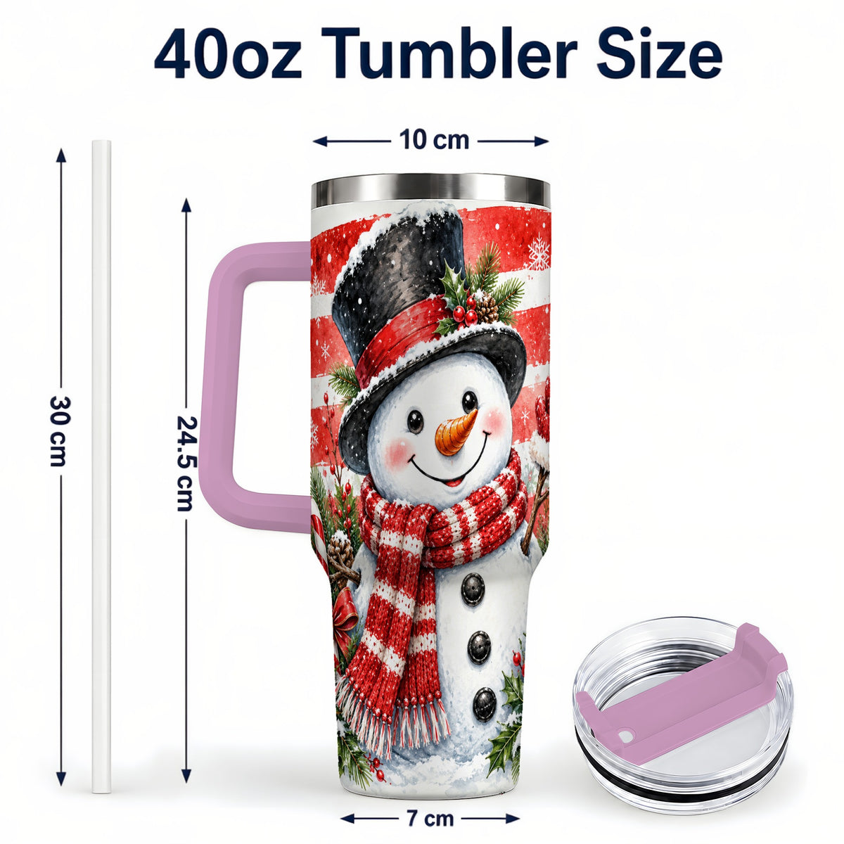 #pl[40oz|Pink] Top Hat Snowman 40oz Tumbler with Handle, Stainless Steel Travel Cup