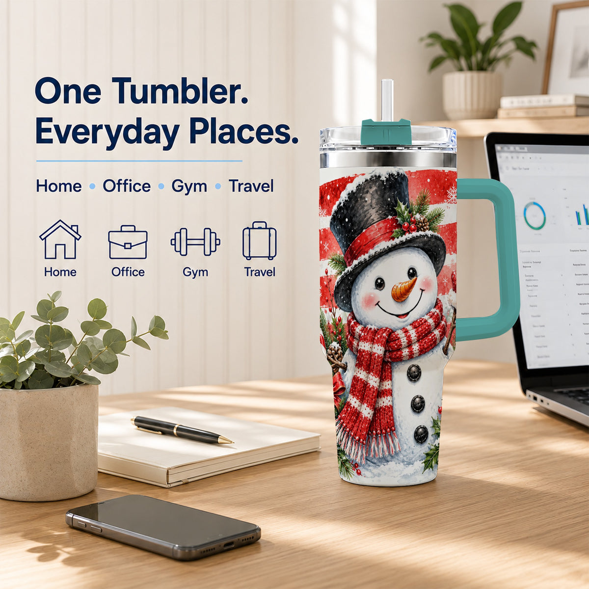 #pl[40oz|Green] Top Hat Snowman 40oz Tumbler with Handle, Stainless Steel Travel Cup