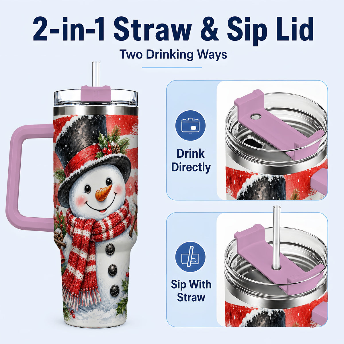 #pl[40oz|Pink] Top Hat Snowman 40oz Tumbler with Handle, Stainless Steel Travel Cup