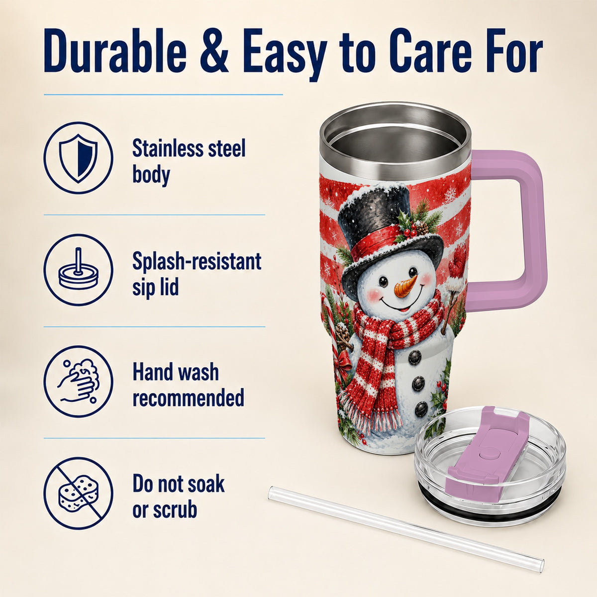 #pl[40oz|Pink] Top Hat Snowman 40oz Tumbler with Handle, Stainless Steel Travel Cup