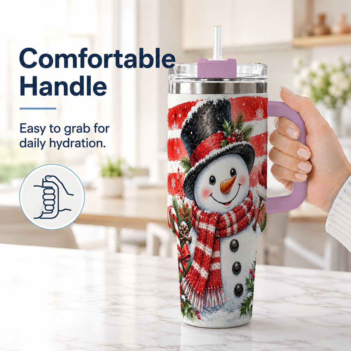 #pl[40oz|Pink] Top Hat Snowman 40oz Tumbler with Handle, Stainless Steel Travel Cup