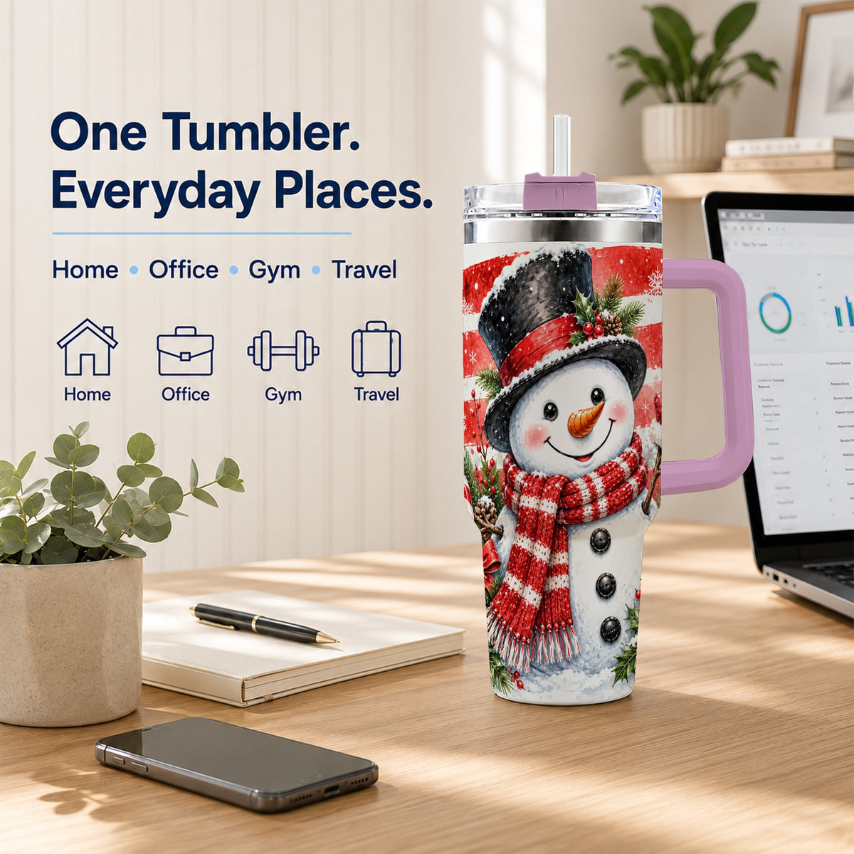 #pl[40oz|Pink] Top Hat Snowman 40oz Tumbler with Handle, Stainless Steel Travel Cup
