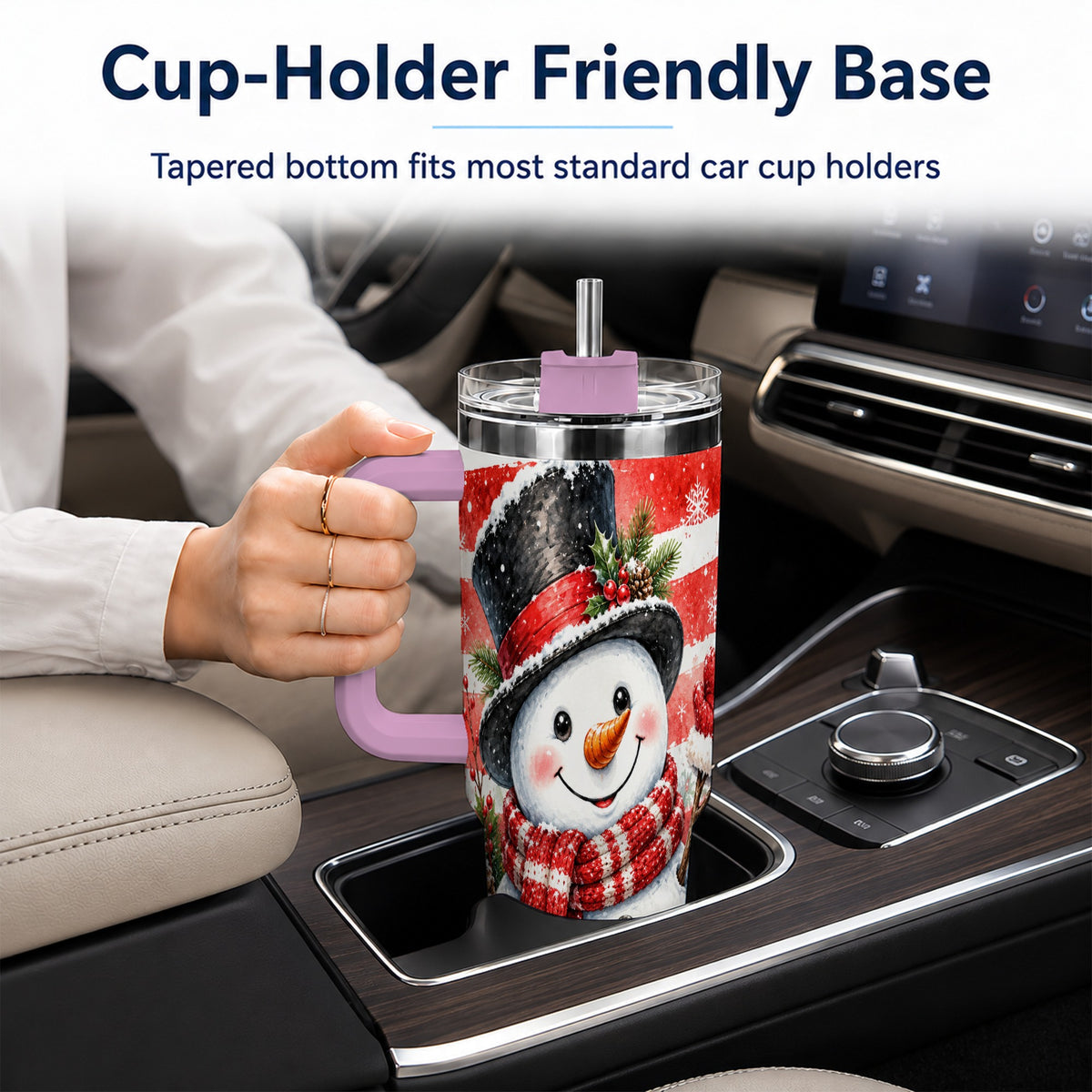 #pl[40oz|Pink] Top Hat Snowman 40oz Tumbler with Handle, Stainless Steel Travel Cup