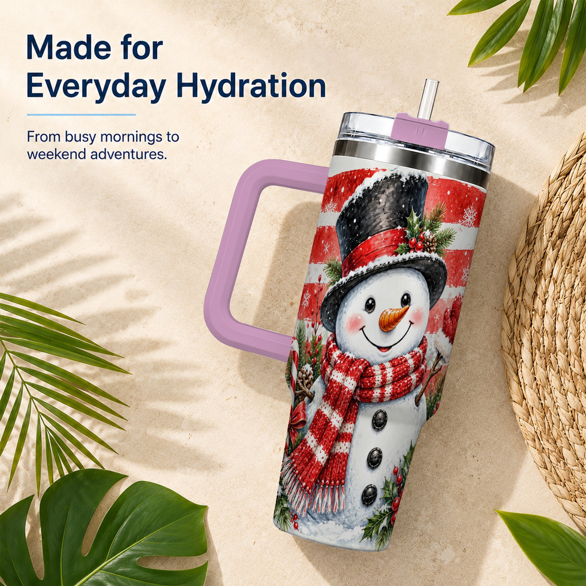 #pl[40oz|Pink] Top Hat Snowman 40oz Tumbler with Handle, Stainless Steel Travel Cup