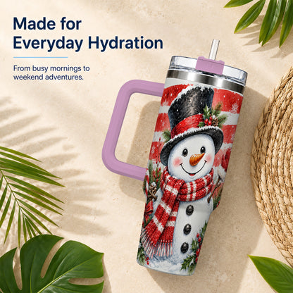 #pl[40oz|Pink] Top Hat Snowman 40oz Tumbler with Handle, Stainless Steel Travel Cup