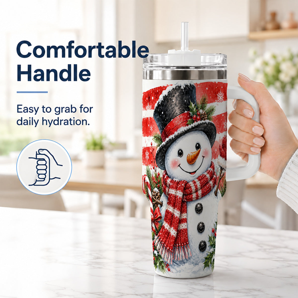 #pl[40oz|White] Top Hat Snowman 40oz Tumbler with Handle, Stainless Steel Travel Cup