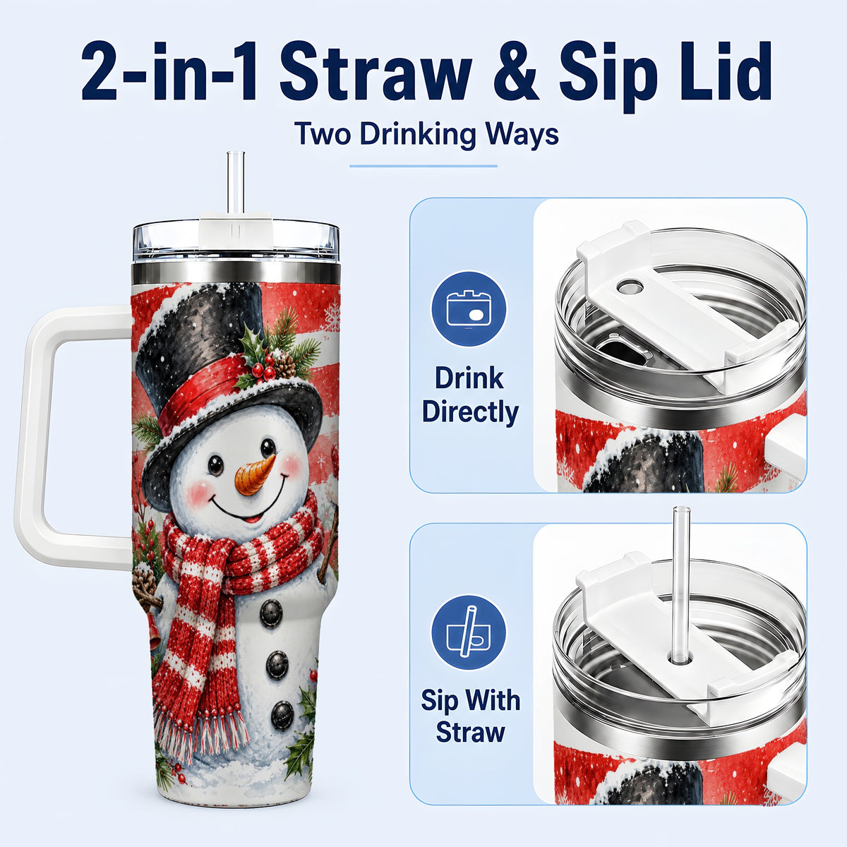 #pl[40oz|White] Top Hat Snowman 40oz Tumbler with Handle, Stainless Steel Travel Cup
