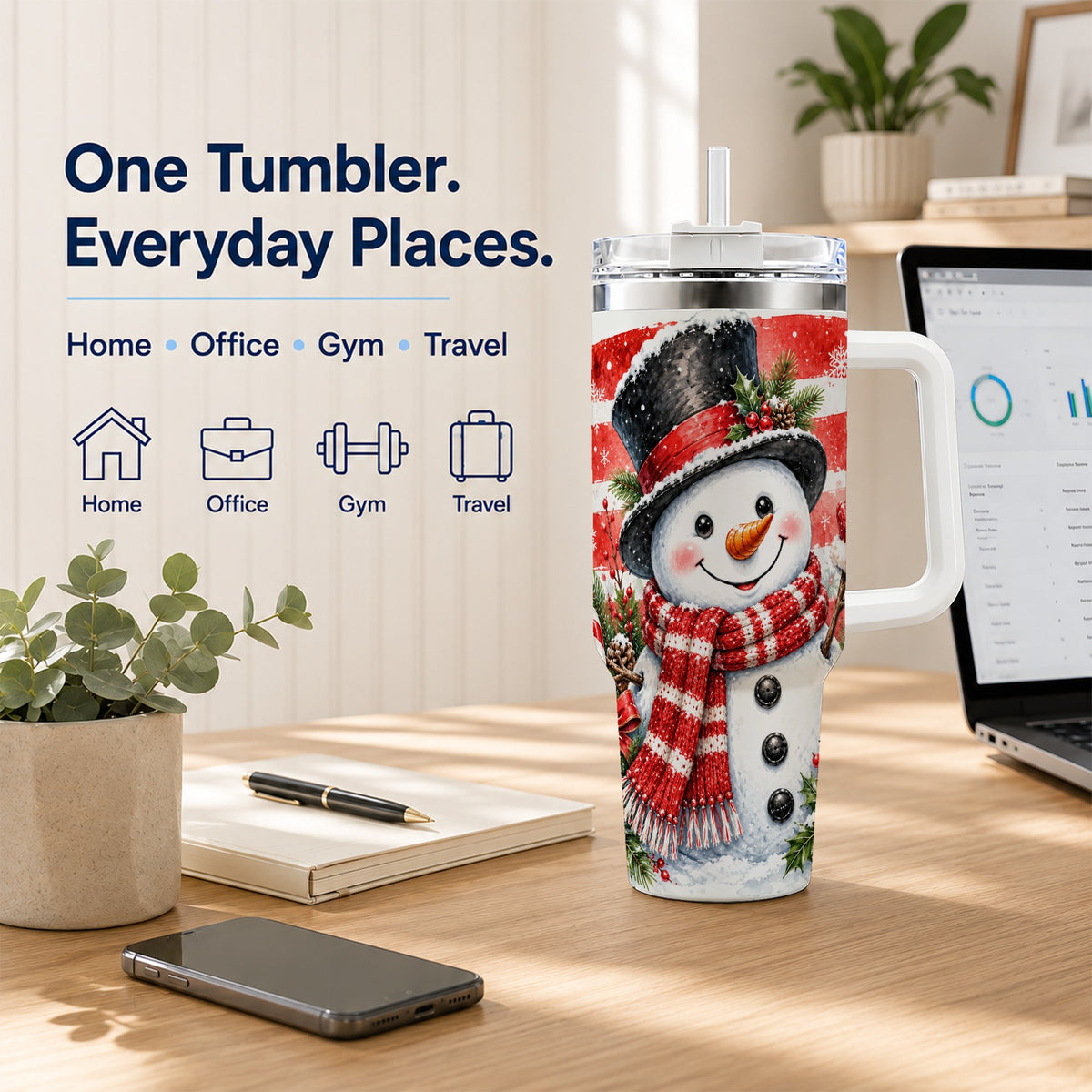 #pl[40oz|White] Top Hat Snowman 40oz Tumbler with Handle, Stainless Steel Travel Cup