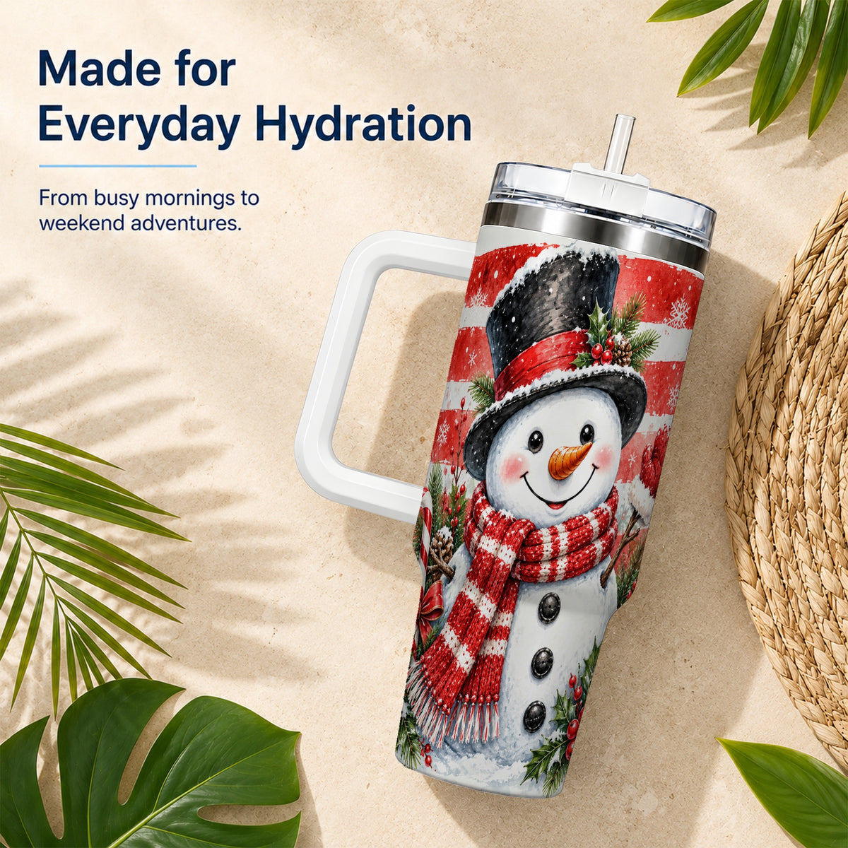 #pl[40oz|White] Top Hat Snowman 40oz Tumbler with Handle, Stainless Steel Travel Cup