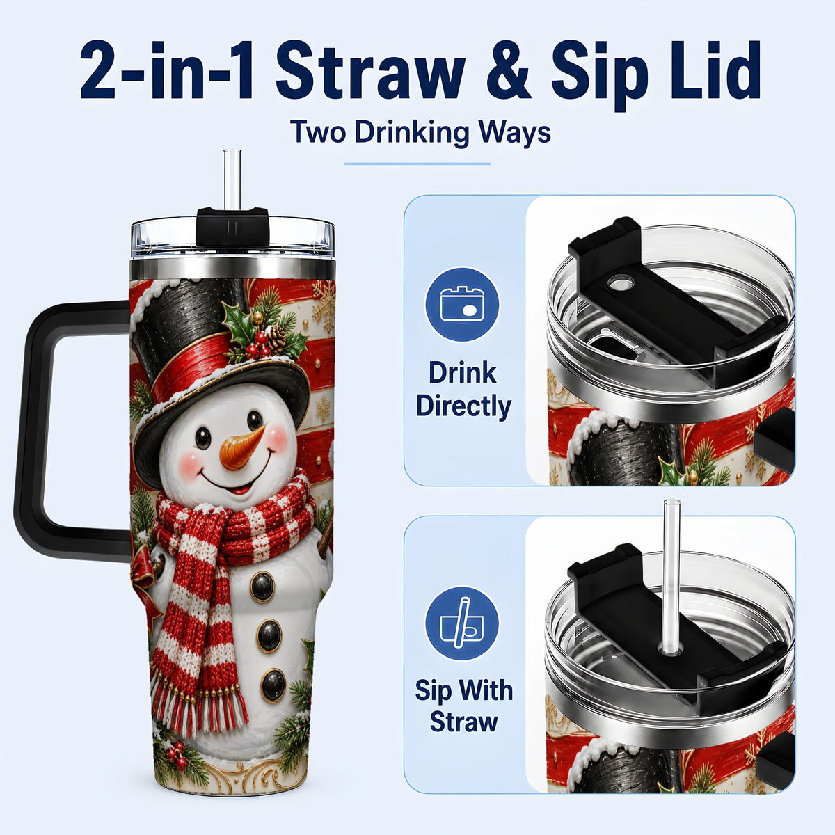 #pl[40oz|Black] Classic Snowman 40oz Tumbler with Handle, Stainless Steel Travel Cup