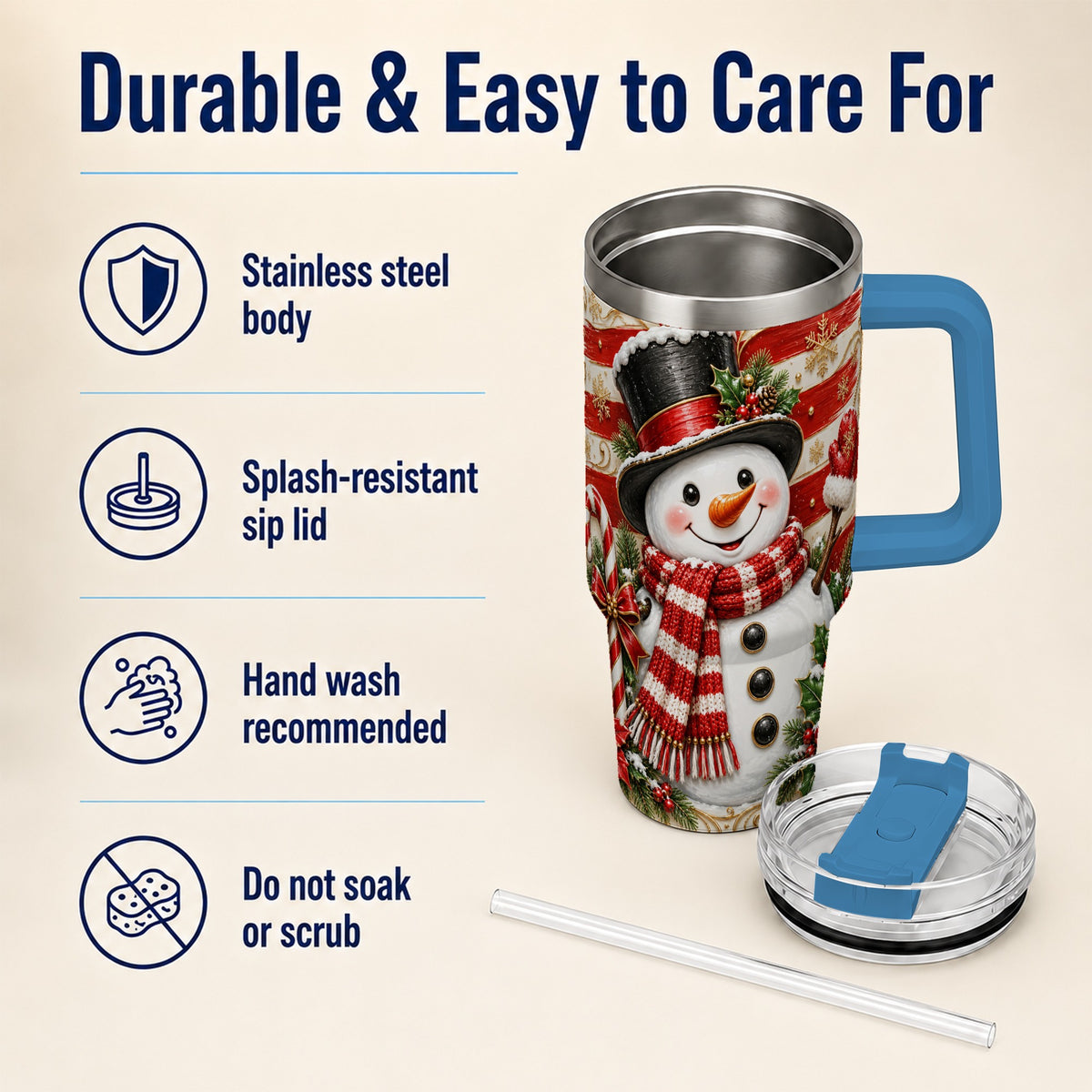 #pl[40oz|Blue] Classic Snowman 40oz Tumbler with Handle, Stainless Steel Travel Cup