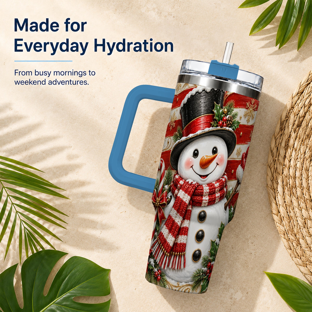 #pl[40oz|Blue] Classic Snowman 40oz Tumbler with Handle, Stainless Steel Travel Cup