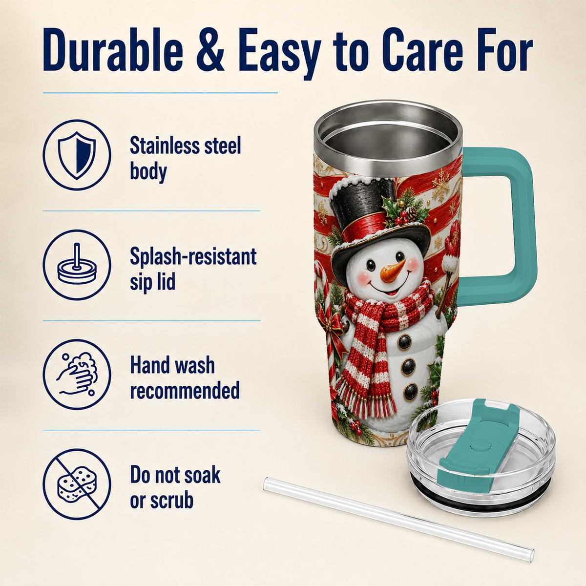 #pl[40oz|Green] Classic Snowman 40oz Tumbler with Handle, Stainless Steel Travel Cup