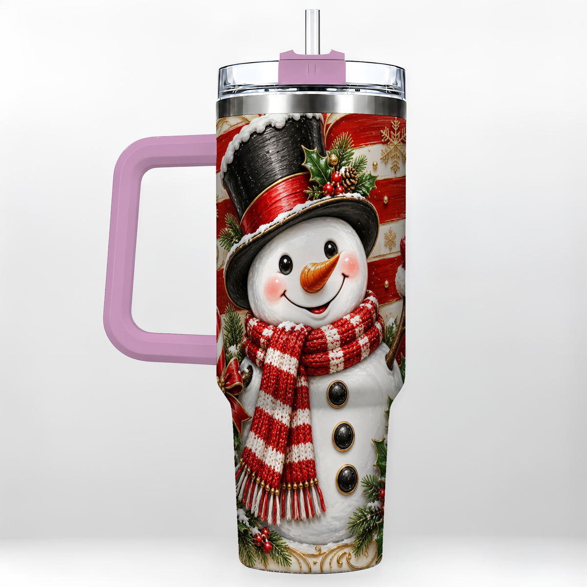 #pl[40oz|Pink] Classic Snowman 40oz Tumbler with Handle, Stainless Steel Travel Cup