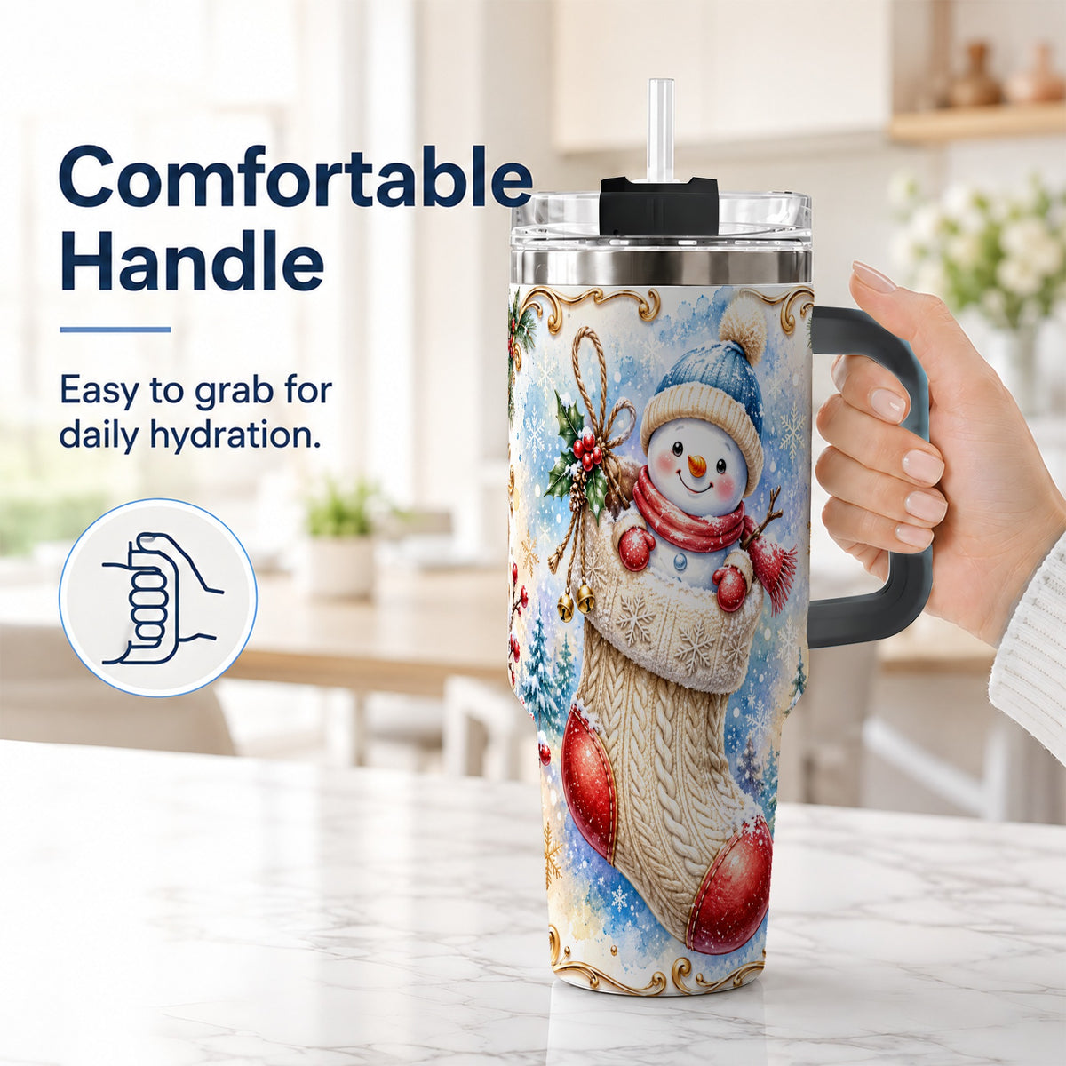 #pl[40oz|Black] Stocking Snowman 40oz Tumbler with Handle, Stainless Steel Travel Cup