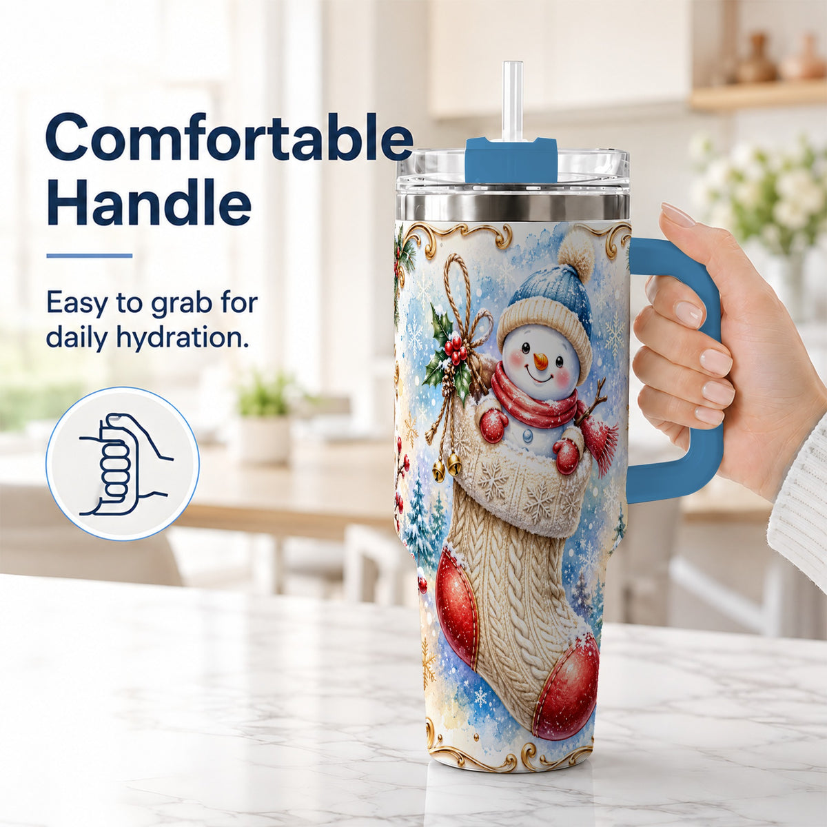 #pl[40oz|Blue] Stocking Snowman 40oz Tumbler with Handle, Stainless Steel Travel Cup