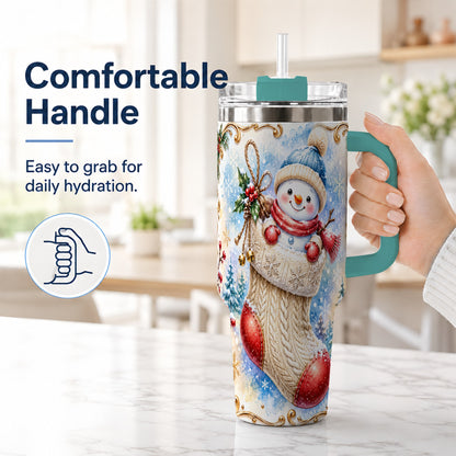#pl[40oz|Green] Stocking Snowman 40oz Tumbler with Handle, Stainless Steel Travel Cup