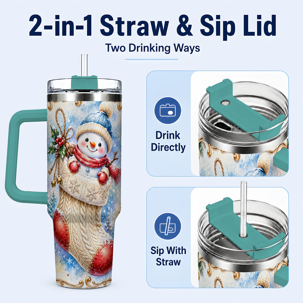 #pl[40oz|Green] Stocking Snowman 40oz Tumbler with Handle, Stainless Steel Travel Cup
