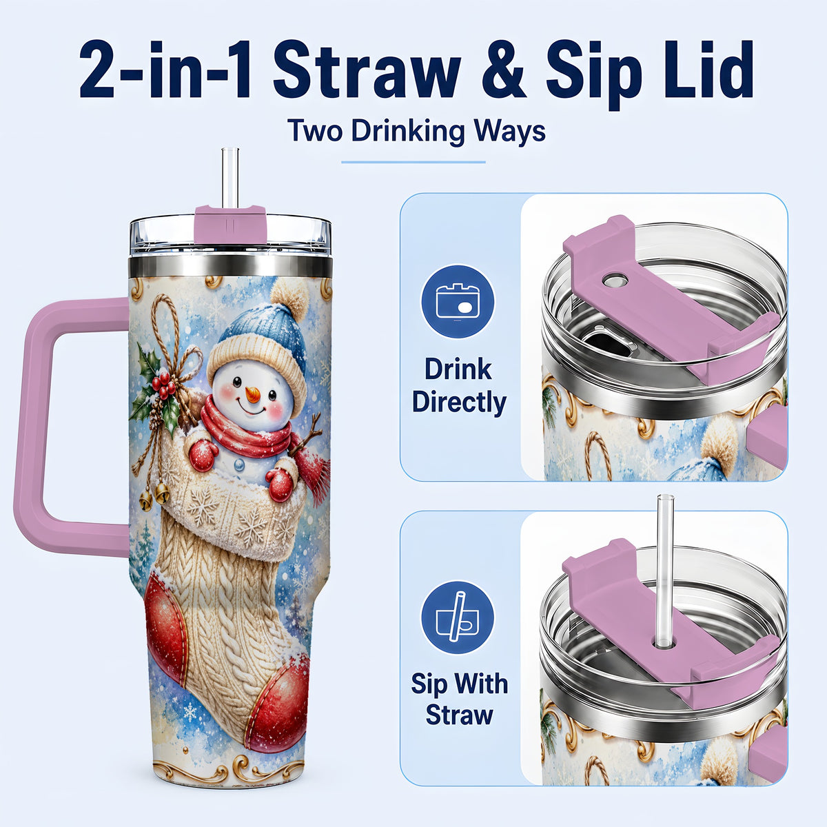 #pl[40oz|Pink] Stocking Snowman 40oz Tumbler with Handle, Stainless Steel Travel Cup
